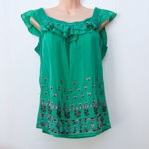 Green Silk Blend Blouse w/ Embroidered Stitching